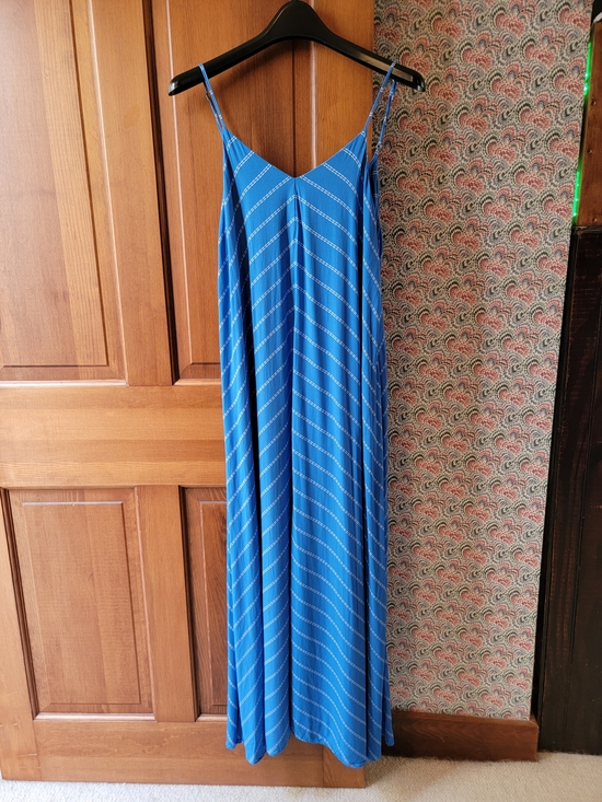 Indah Dresses & Skirts - INDAH Blue White Striped 100% Bamboo V-Neck Maxi Dress Pockets XS